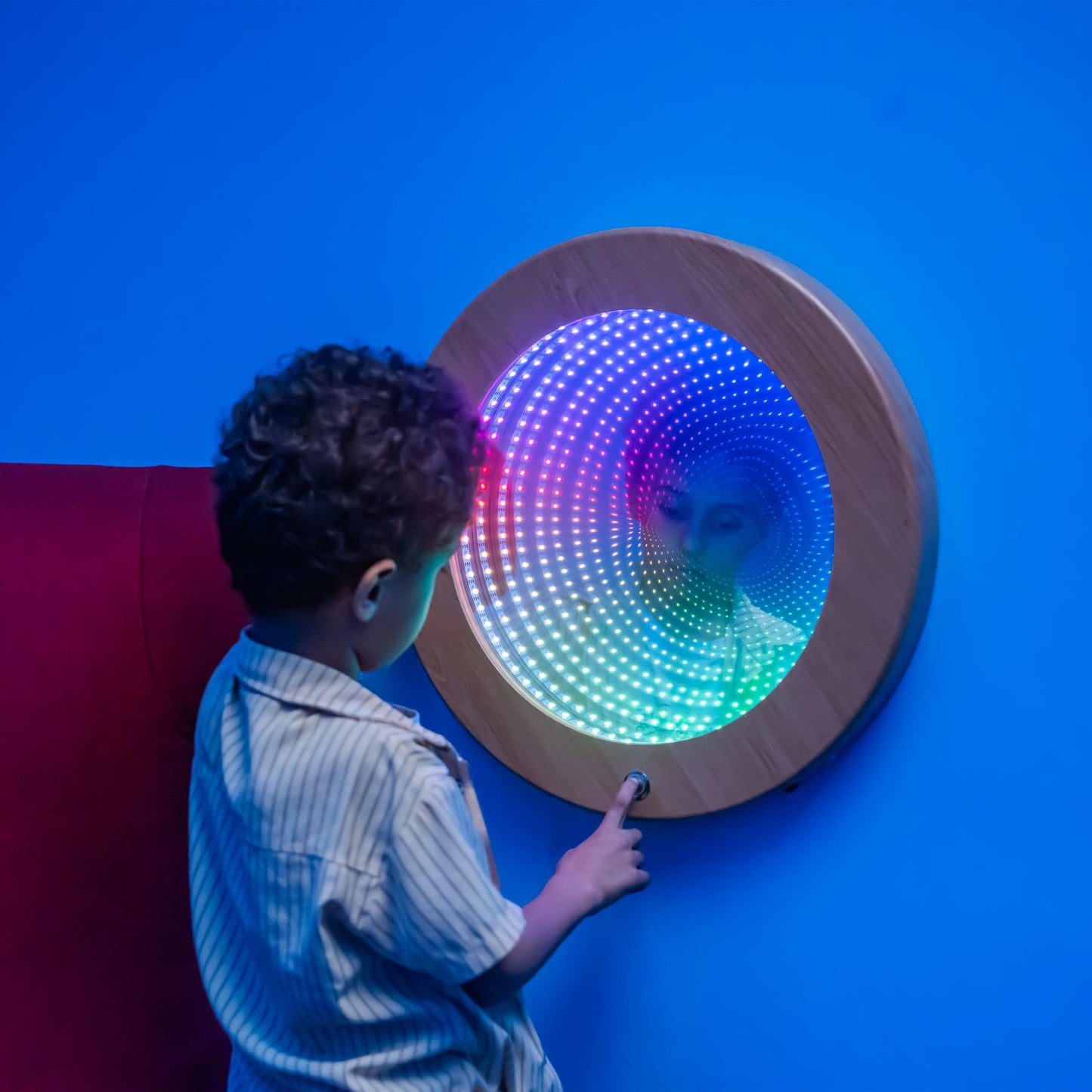 Tenmind Circle Infinity Mirror Sensory - Wall-Mountable & Floor-Standing - Ideal for Sensory Rooms & Kids Support - Features Multiple Light Changes & Smooth Wood Grain Finish