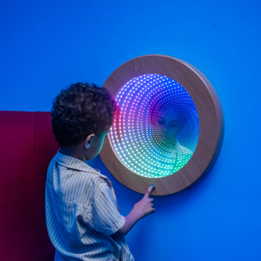 Tenmind Circle Infinity Mirror Sensory - Wall-Mountable & Floor-Standing - Ideal for Sensory Rooms & Kids Support - Features Multiple Light Changes & Smooth Wood Grain Finish
