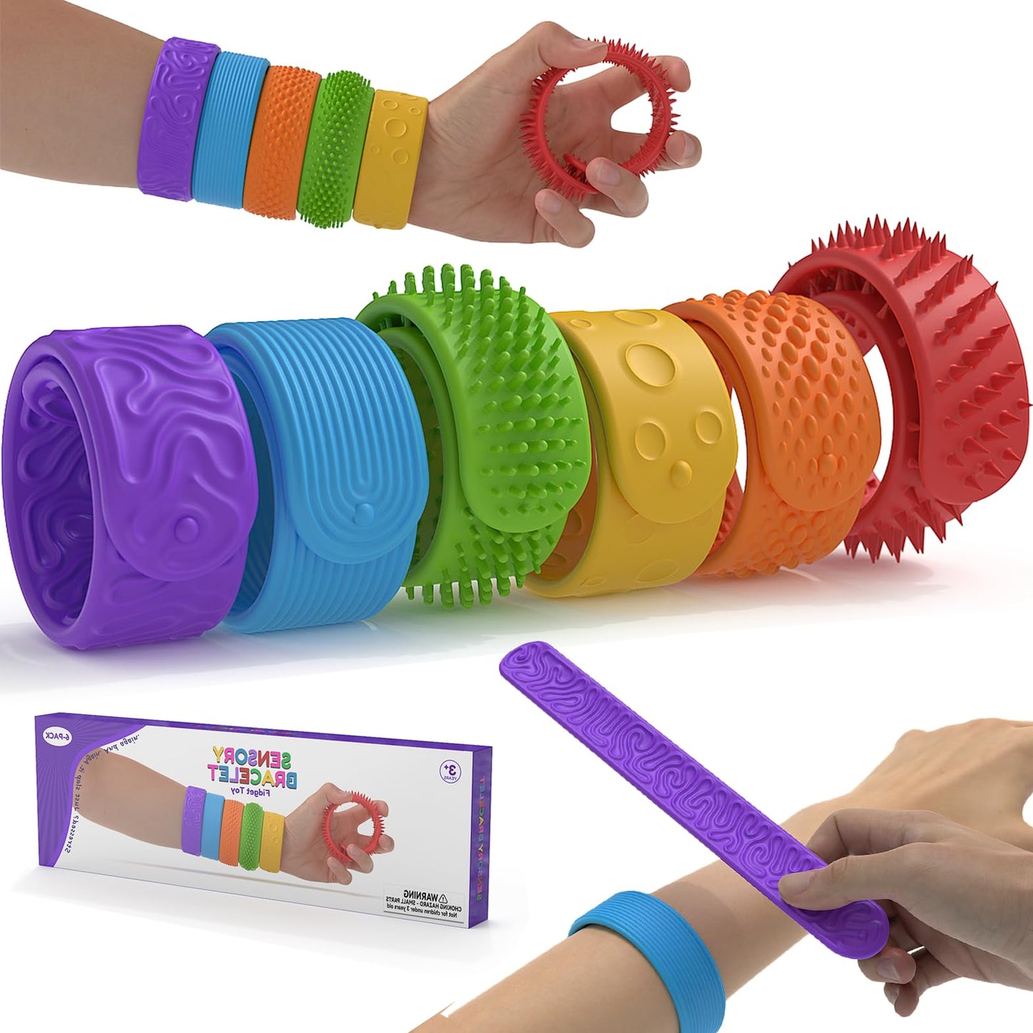 Textured Slap Bracelets for Kids&Adults,6Pcs Fidget Bracelet Stress Relief Sensory Toys for Kids with Autism ADHD Anxiety Aid, Classroom Rewards, Stocking Fillers for Teenage Girls Boys Gift