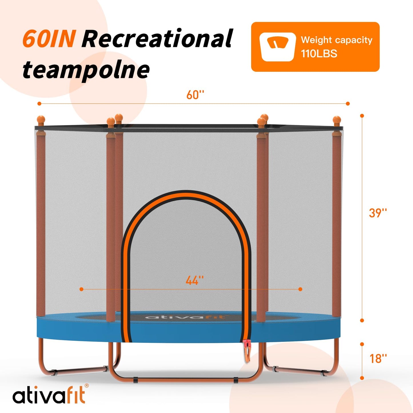 ATIVAFIT 60'' Rebounder Trampoline Indoor Outdoor for Kids Ages 1-8, 5FT Recreational Toddler Trampoline with Safety Enclosure