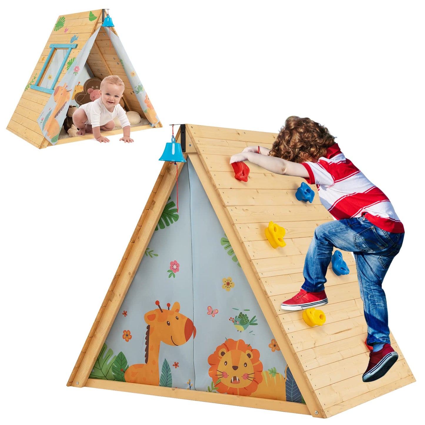 GYMAX Kids Wooden Playhouse, 2 in 1 Play Tent with Rock Climbing Wall, Ring Bell & Door