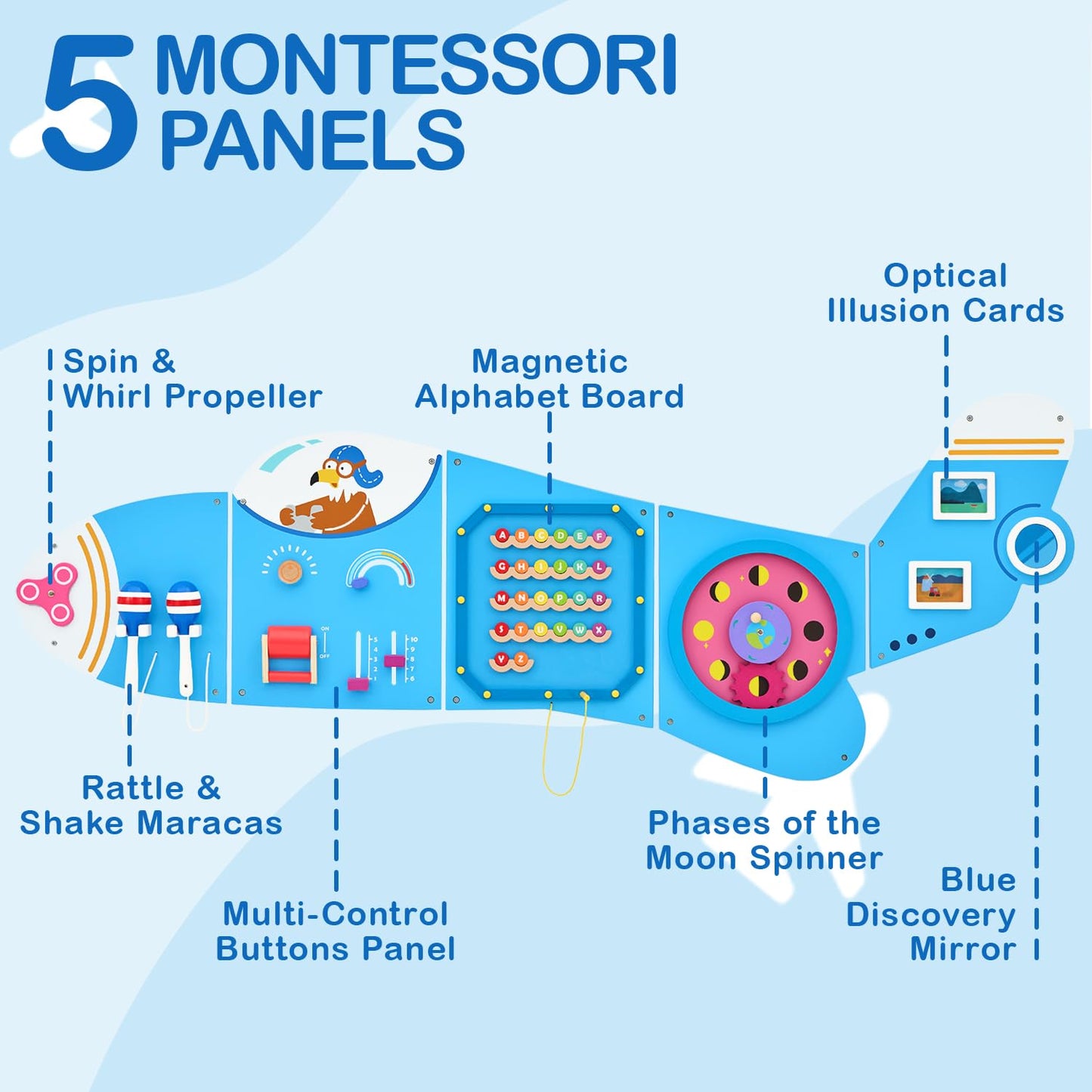 Monläurd® Wooden Airplane Activity Wall Panel for kids, Sensory Wall Toy, Activity Cube, Wall Toys for Toddlers 1-3, Daycare Furniture, Montessori Busy Board