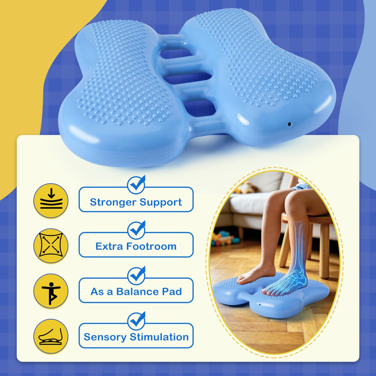 ADHD Focus Tool Thedttoy Sensory Wobble Feet Cushion, Height-adjustable Wiggle Foot Cushion Sensory Fidget Aid, Calming Sensory Toys for Autism,Balance Pad for Kids Adults,Fidgets for School&Home-Blue