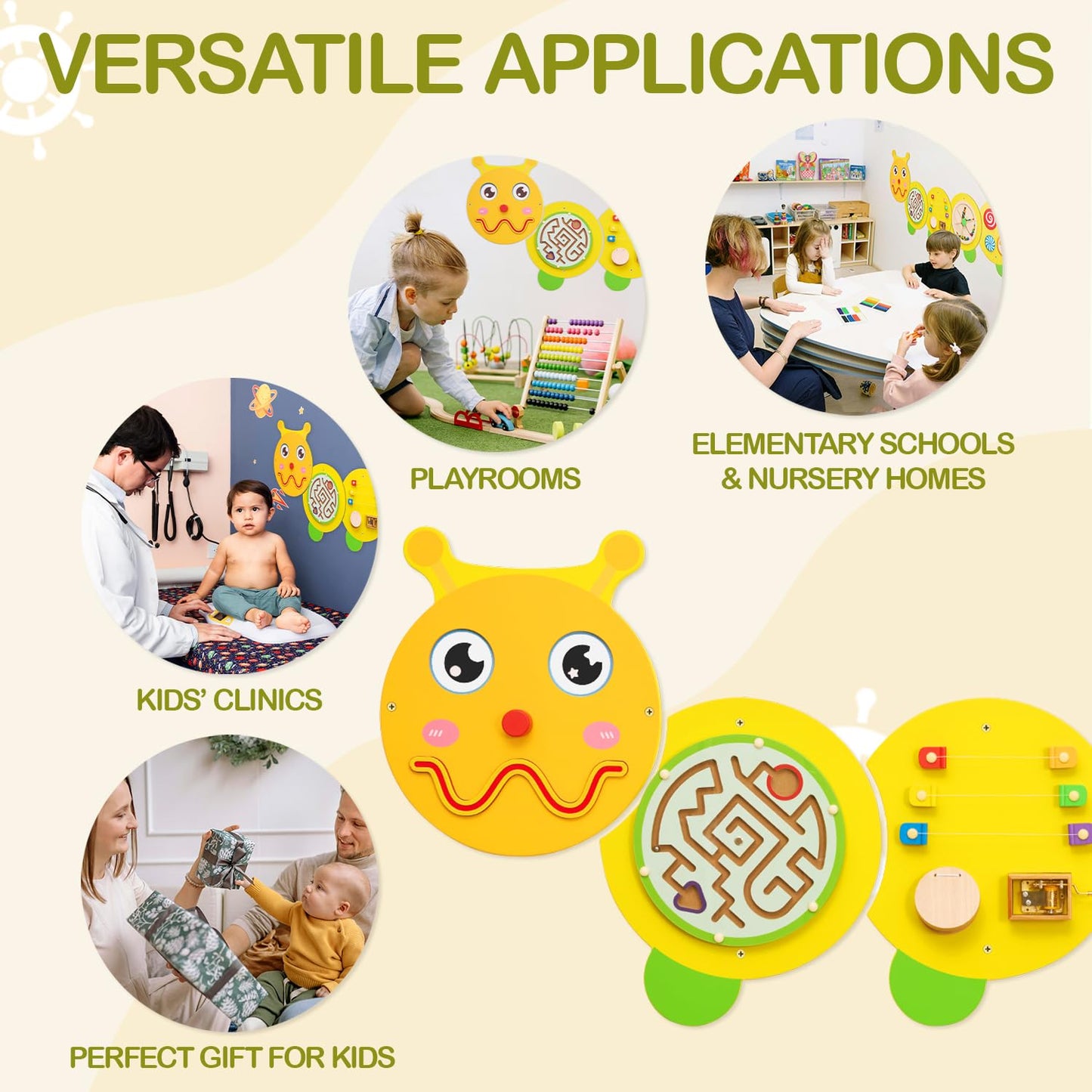 Monläurd® Caterpillar Montessori Busy Board, Sensory Board, Activity Cube, Wall Toys, Daycare Furniture, Playroom Furniture, Wooden Toys, Boys and Girls 6 M+