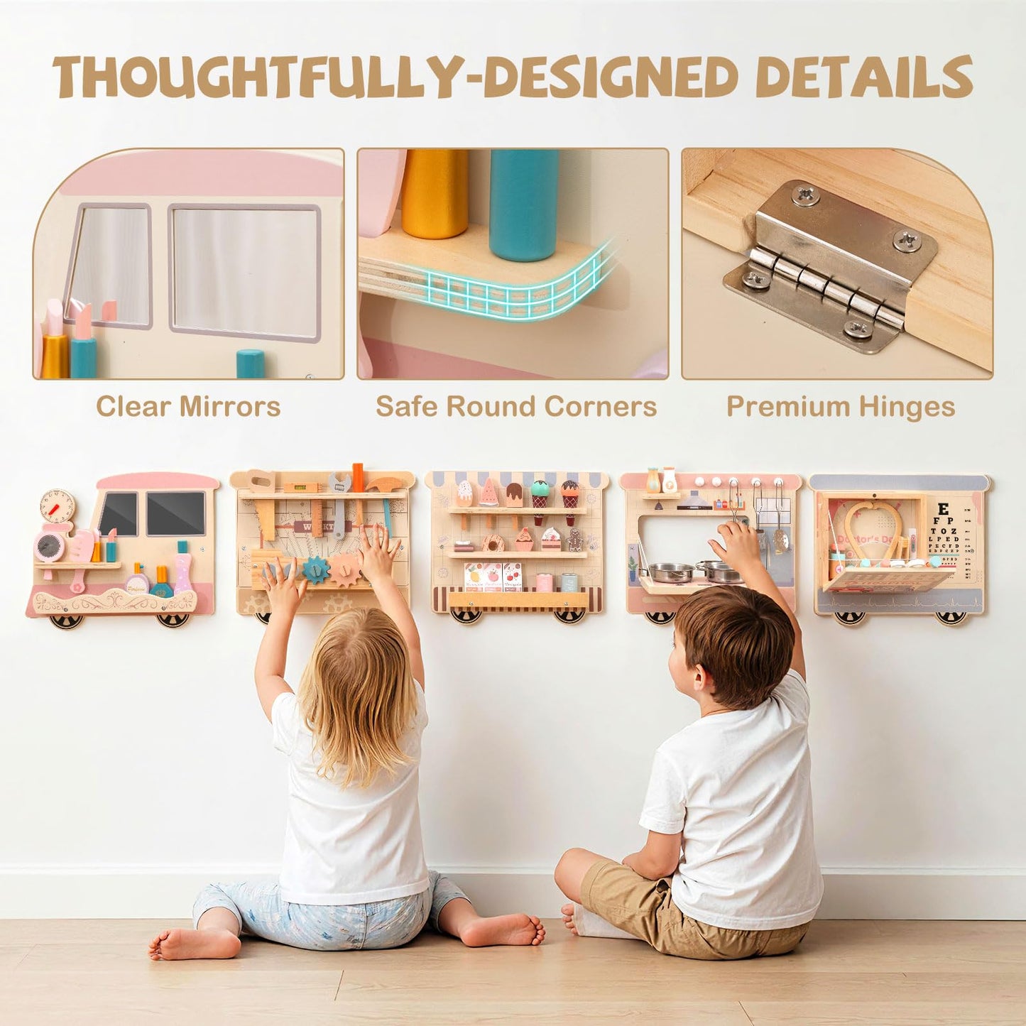 COSTWAY Train Activity Wall Busy Board, Wooden Sensory Wall Panel with Vanity, Tool Box, Play Kitchen, Doctor Kit & Snack Bar, Toddler Montessori Learning Toy for Playroom, Daycare, Nursery