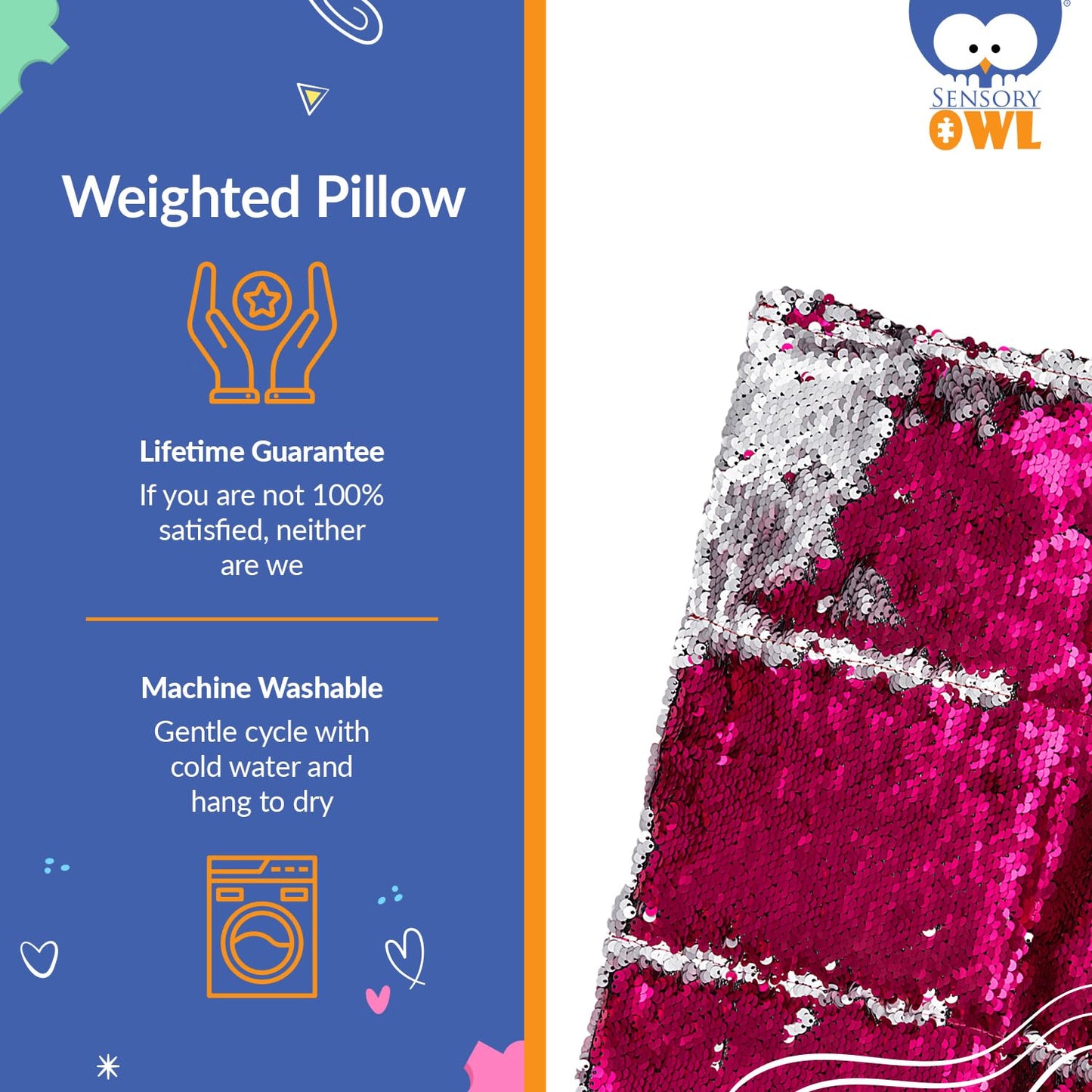 Sensory Owl Weighted Lap Pillow Two-Tone Sequin Pad To Relive Stress Anxiety Self-Calming Relaxing For Kids And Adults 30 x 40 cm 2 kg Pink