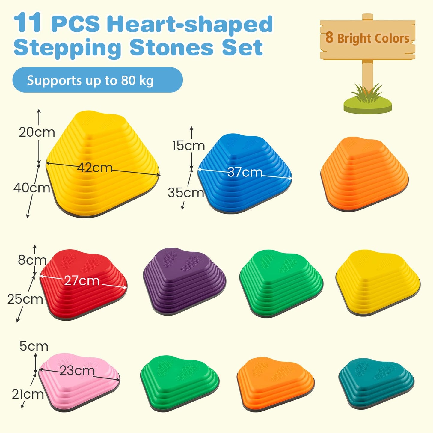 COSTWAY 11-Piece Kids Stepping Stones, Children Obstacle Course Stackable Balance Blocks with Full Non-Slip Edge, Heart-Shaped Balance Stones for Toddlers