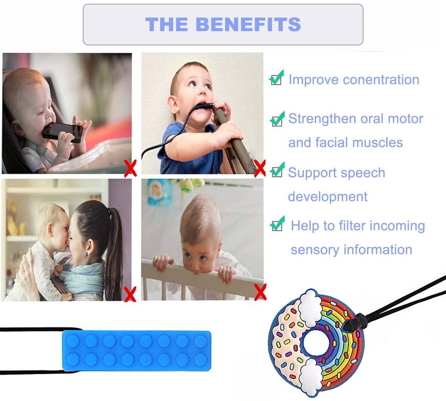 6 PCS Sensory Chew Necklace - Chew Toys for Autistic Children Safety Food Grade Silicone for Kids Toddlers ADHD, Autistic, Biting Needs, Chew Pendant Toy with Adjustable Buckle