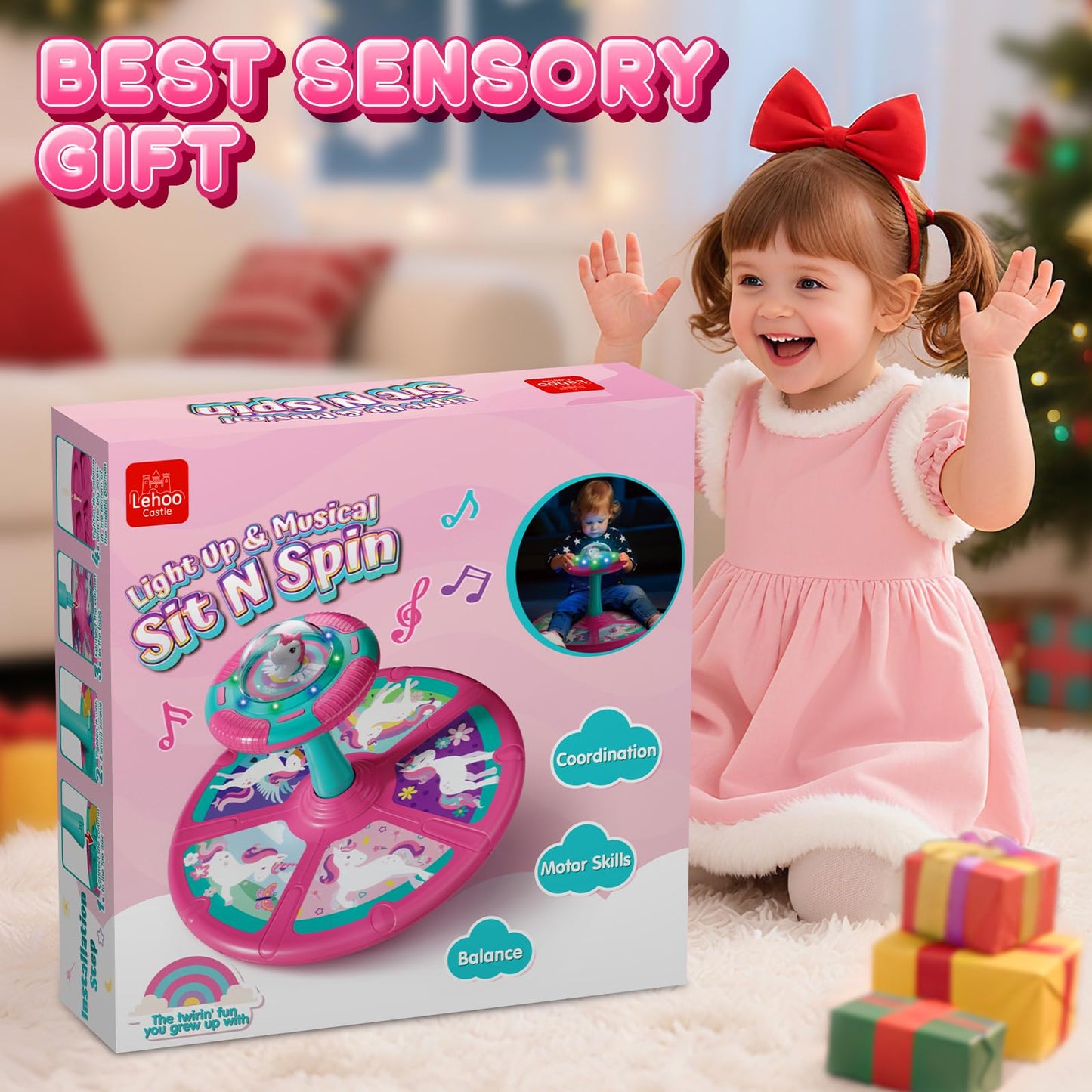 Lehoo Castle Sensory Toys for Toddlers 1-3 Girls, Toddler Sensory Toys for Autism with Lights and Music, 360° Spinning Chair for Body Balance Training, Sensory Seat Birthday Gift for Kids 2-4