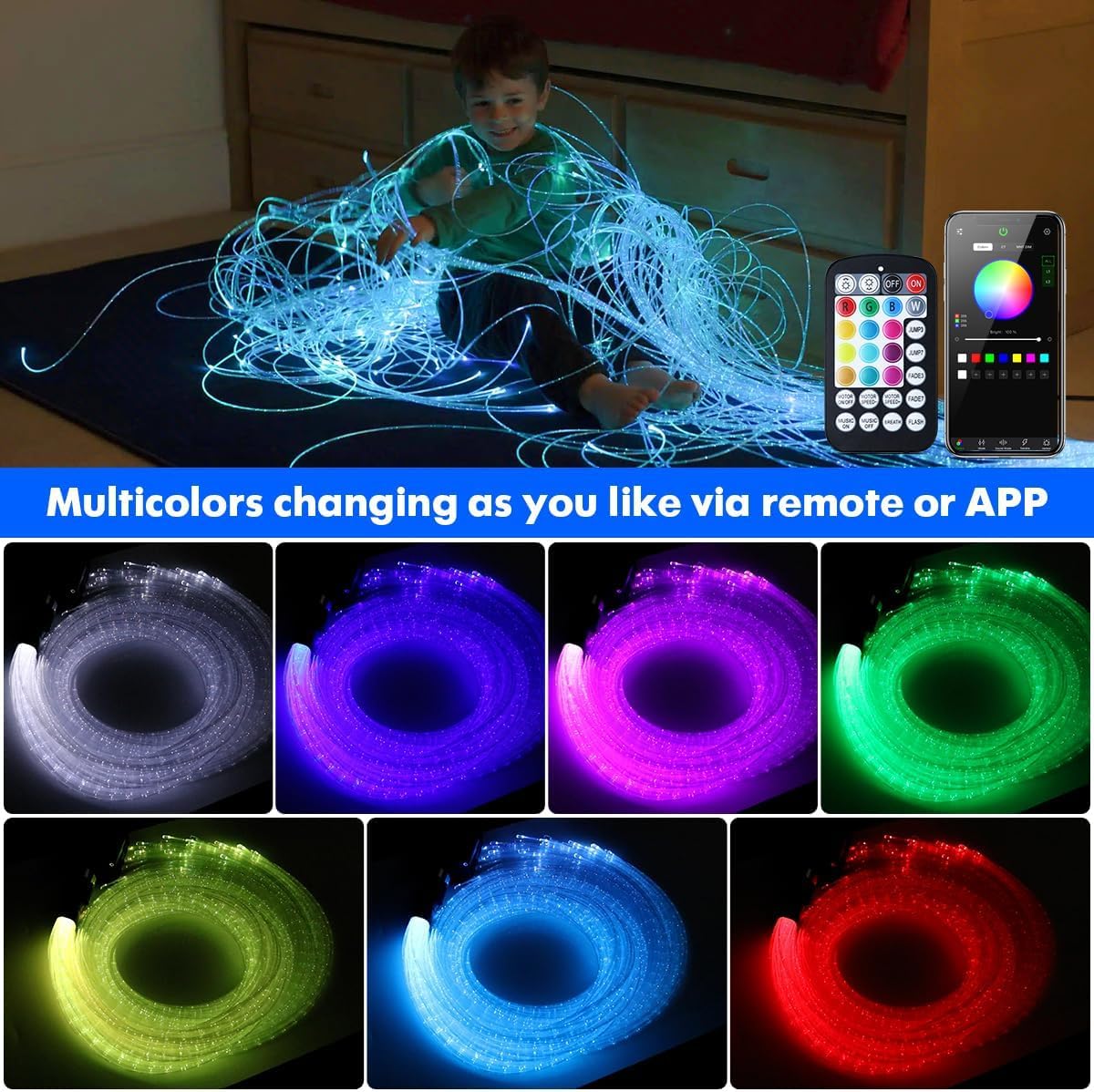 Callsky Sensory Lights 16W Fiber Optic Curtain Lights for Sensory Room/Autistic Kids,APP+Twinkle+Sound Activated Light Engine,Tough and Durable (3*0.75) Sparkle Flash Point Cables, 50pcs*6.5ft+Remote