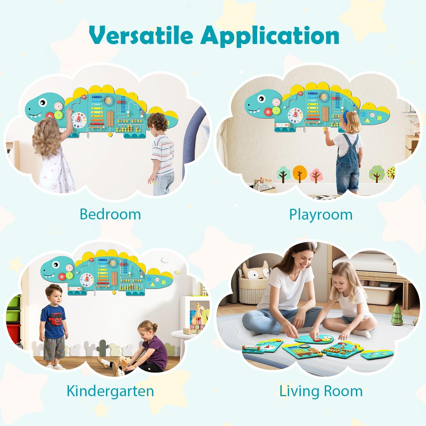 COSTWAY Activity Wall Busy Board Panels, 11 in 1 Wooden Sensory Wall Toy, Toddler Learning Activity Center for Education & Early Development (Green Dinosaur)