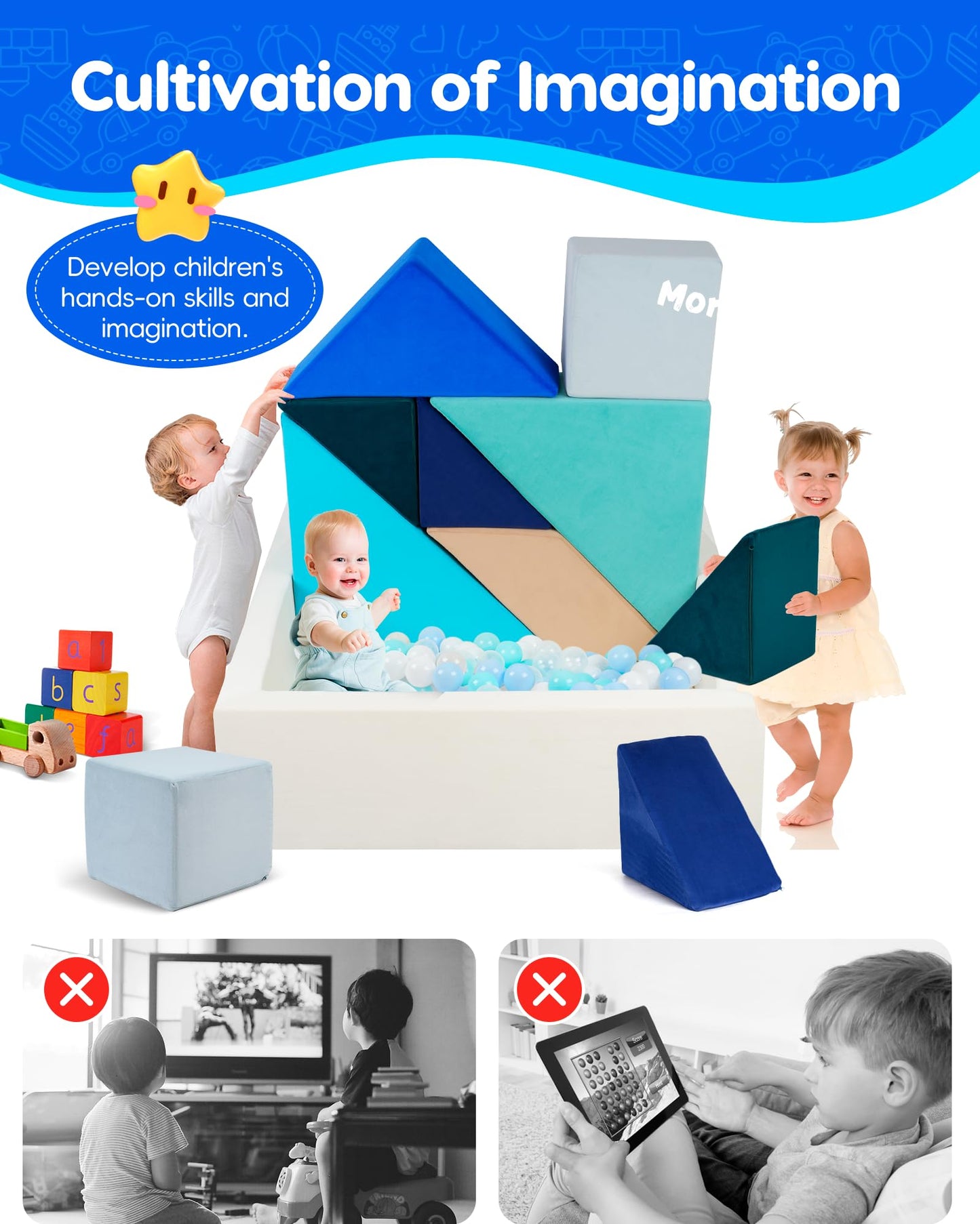 Heypappy Kids Play Sofa, Tangram Square Puzzles Couch Furniture, Modular Kids Play Couchs Furniture, Puzzle Solving Couchs Building Fort for Playroom Bedroom Boys Girls Teens, Ocean