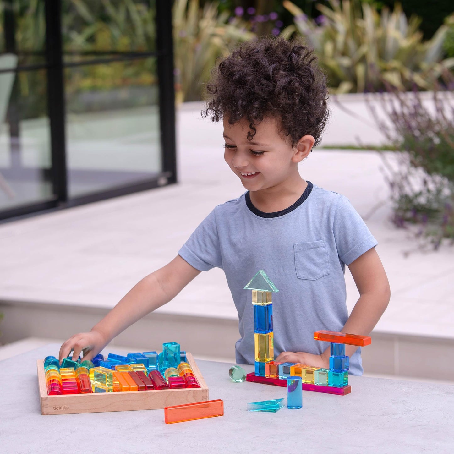 tickit Wooden Building Blocks & Crystal Gem Cubes Construction Set with Storage Tray – Mixed Shape Blocks for Stacking, Balance, Architecture, Small World & Creative Play