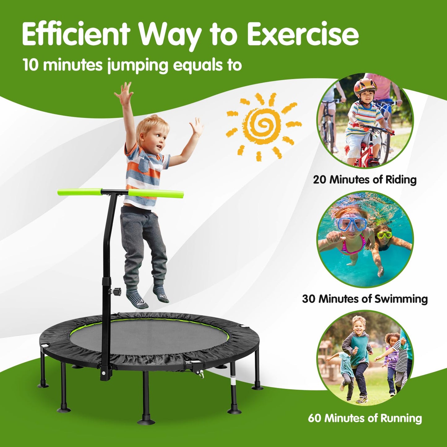 GYMAX 45'' Kids Trampoline, Foldable Fitness Rebounder with Adjustable T-Shaped Handrail and Anti-Slip Foot Pad