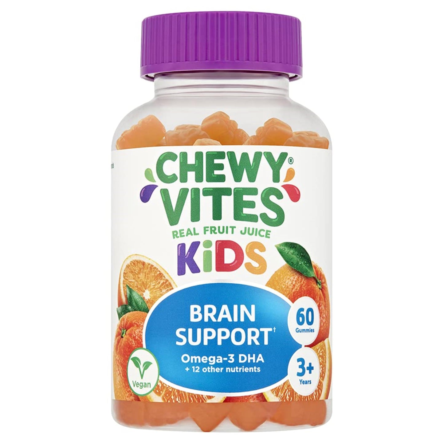 Chewy Vites Kids Brain Support, 60 Kids Vitamins Gummies, Vegan Omega 3 DHA, 13 Essential Vitamins & Minerals, 1 Months Supply, Real Fruit Juice, Age 3 +, Orange Flavour