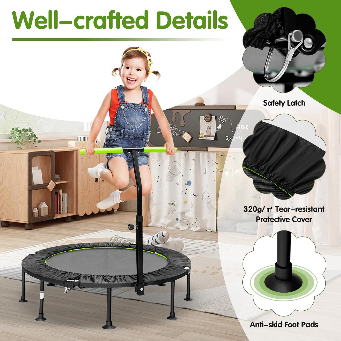 GYMAX 45'' Kids Trampoline, Foldable Fitness Rebounder with Adjustable T-Shaped Handrail and Anti-Slip Foot Pad