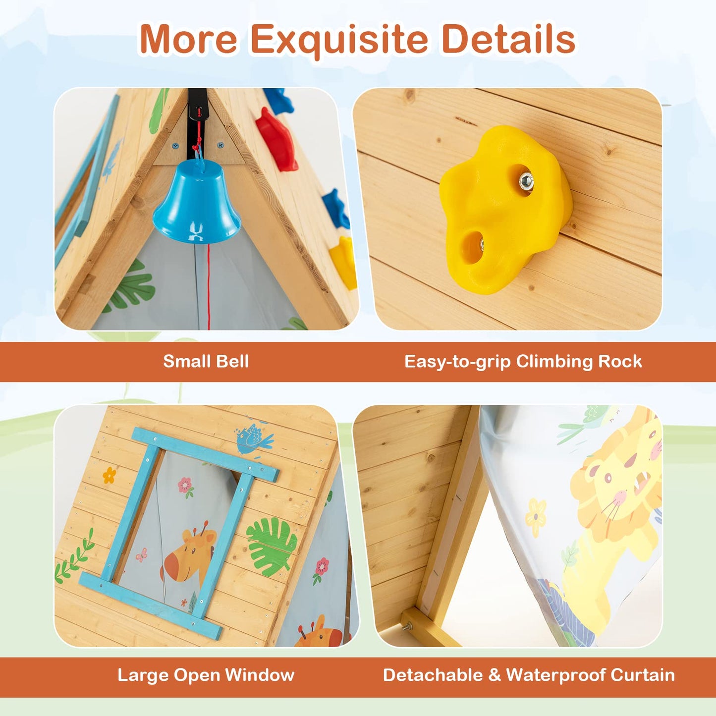 GYMAX Kids Wooden Playhouse, 2 in 1 Play Tent with Rock Climbing Wall, Ring Bell & Door
