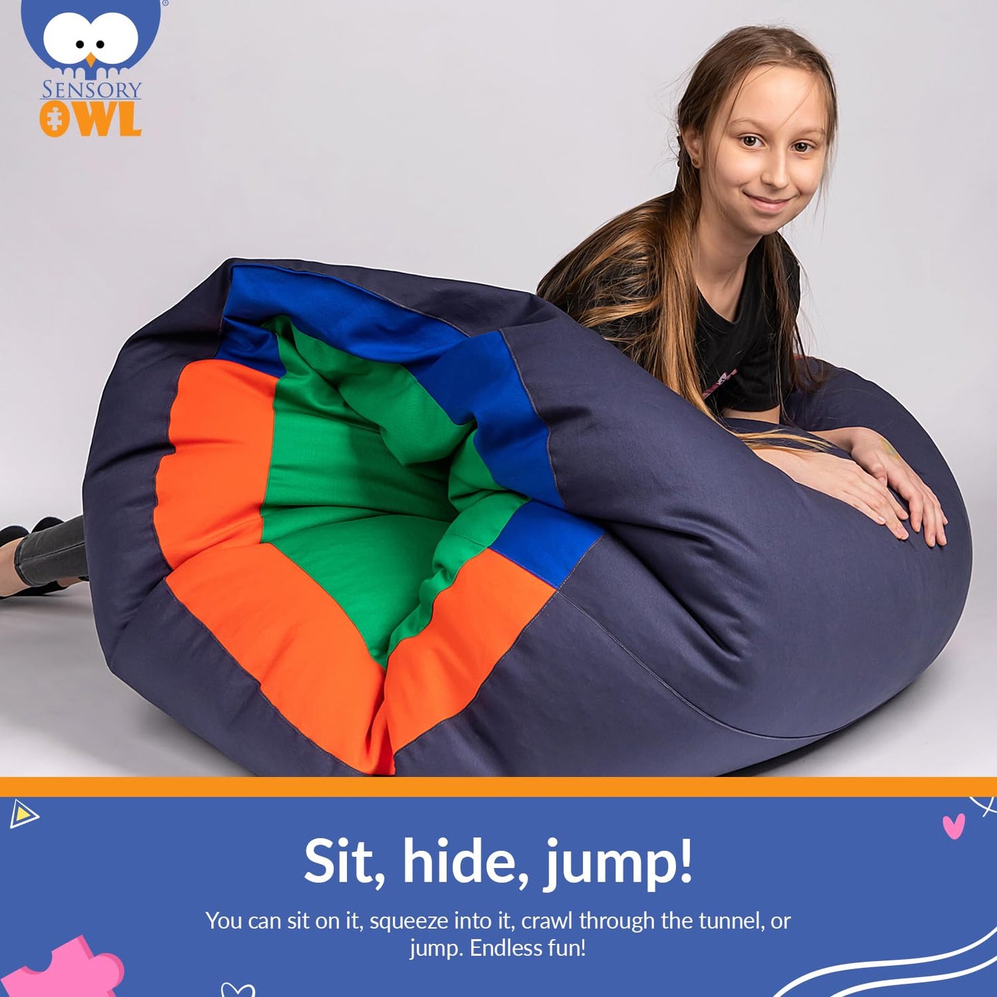 Sensory Owl Sensory Play Tunnel For Kids Pouffe 90 x 70 cm Large Bean Bag Stress Relief Spatial Awareness Autism Anxiety 100% Cotton