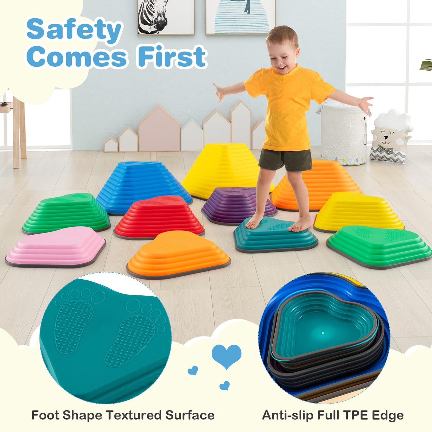 COSTWAY 11-Piece Kids Stepping Stones, Children Obstacle Course Stackable Balance Blocks with Full Non-Slip Edge, Heart-Shaped Balance Stones for Toddlers