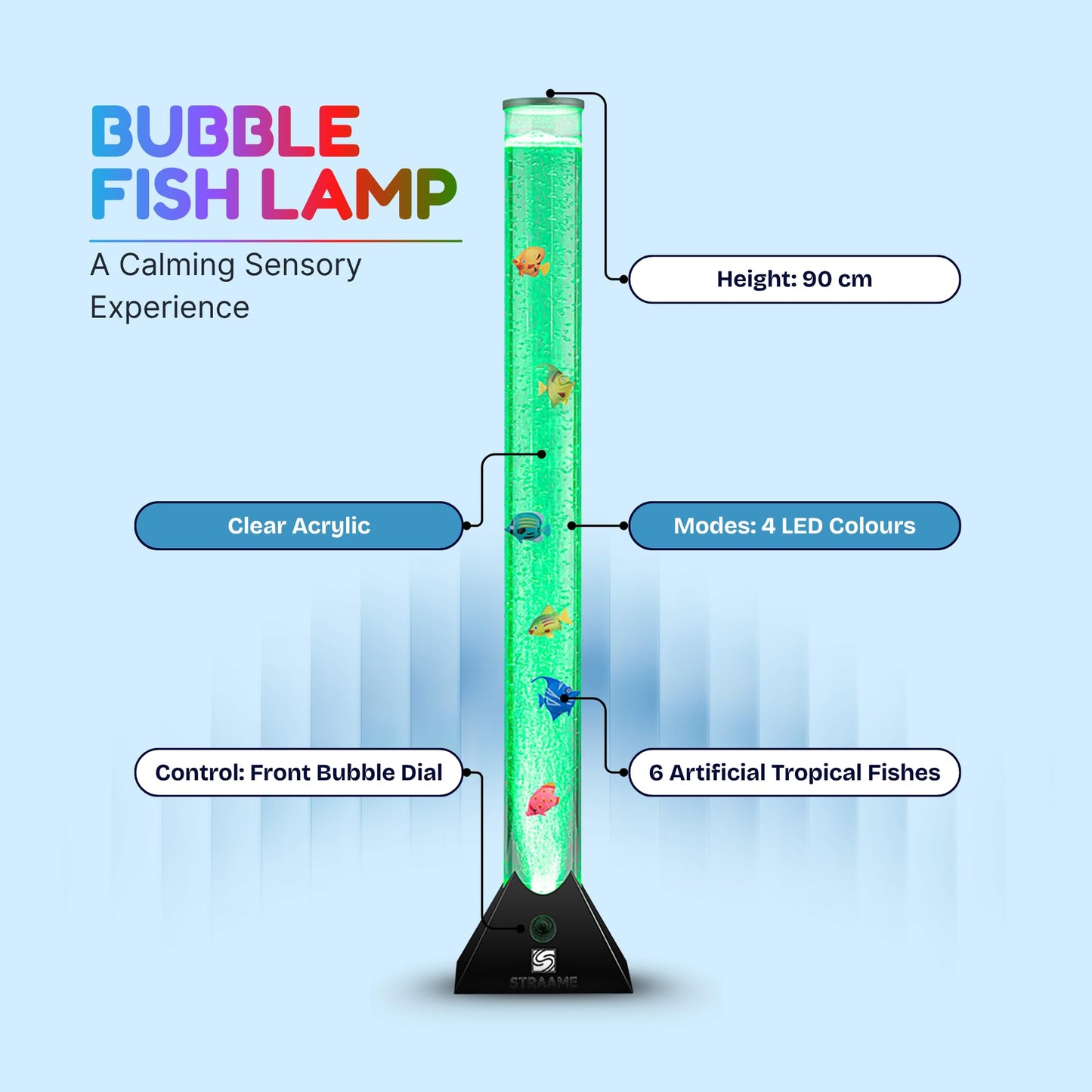 Straame 90cm Bubble Fish Lamp, Colour Changing LED Light, Sensory Room Decor & Mood Lamp, Includes Artificial Tropical Fish, Adjustable Bubble Tube, Plug-in Power, Black Base