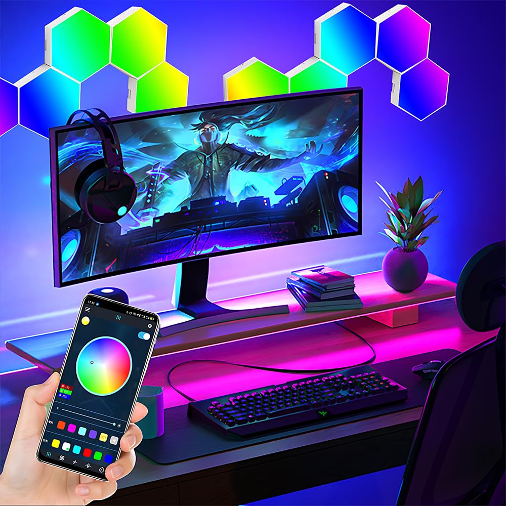SGZIOO 12 Pack Hexagon LED Lights with Remote and App, RGB LED Hexagon Lights with Smart Music Sync, Led Gaming Light for Kids and Adults, Hex Light Gaming for Room, Bedroom, Game Setup, Bar Decor