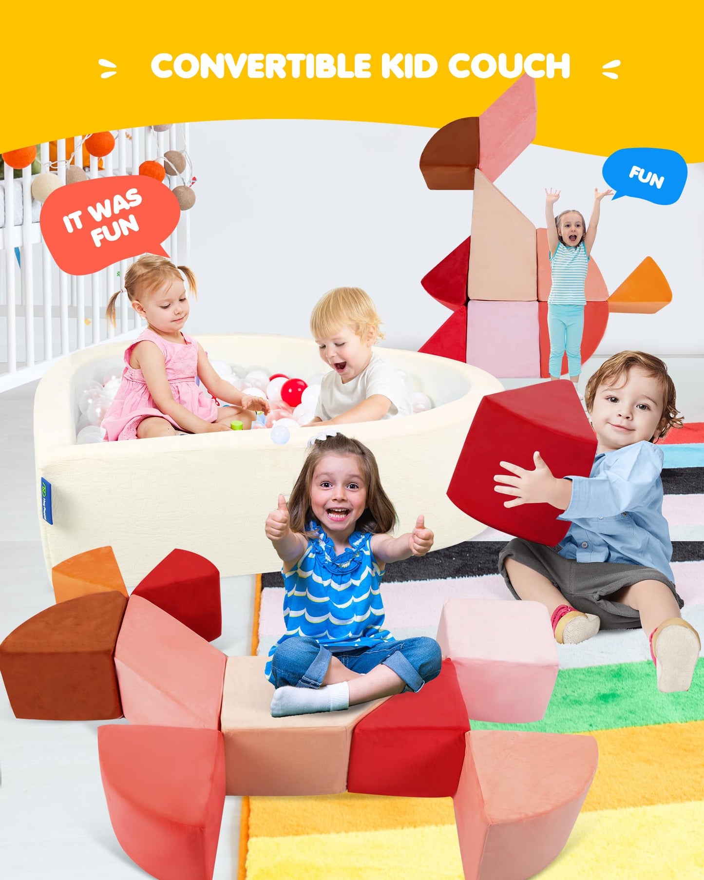Kids Play Couch, 2-in-1 Heart-Shape Kids Plays Sofa with Unique Ball Pit(no Balls Included), Tangram Puzzle Play Couch for Playroom, Modular Play Sofa for Inspiring Creativity, Glow