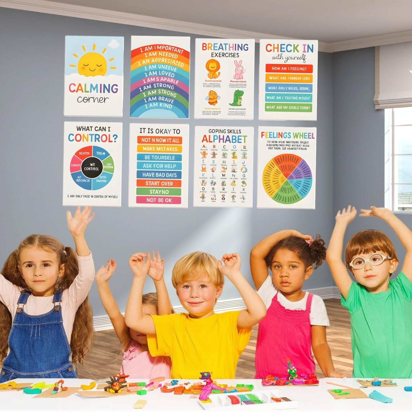 Ryfpdml 12PCS Calming Corner Classroom Posters, Feelings Wheel Chart Emotions Poster For Kids, Calm Down Corner Supplies for Preschool Home School Office Outdoor Indoor (A)