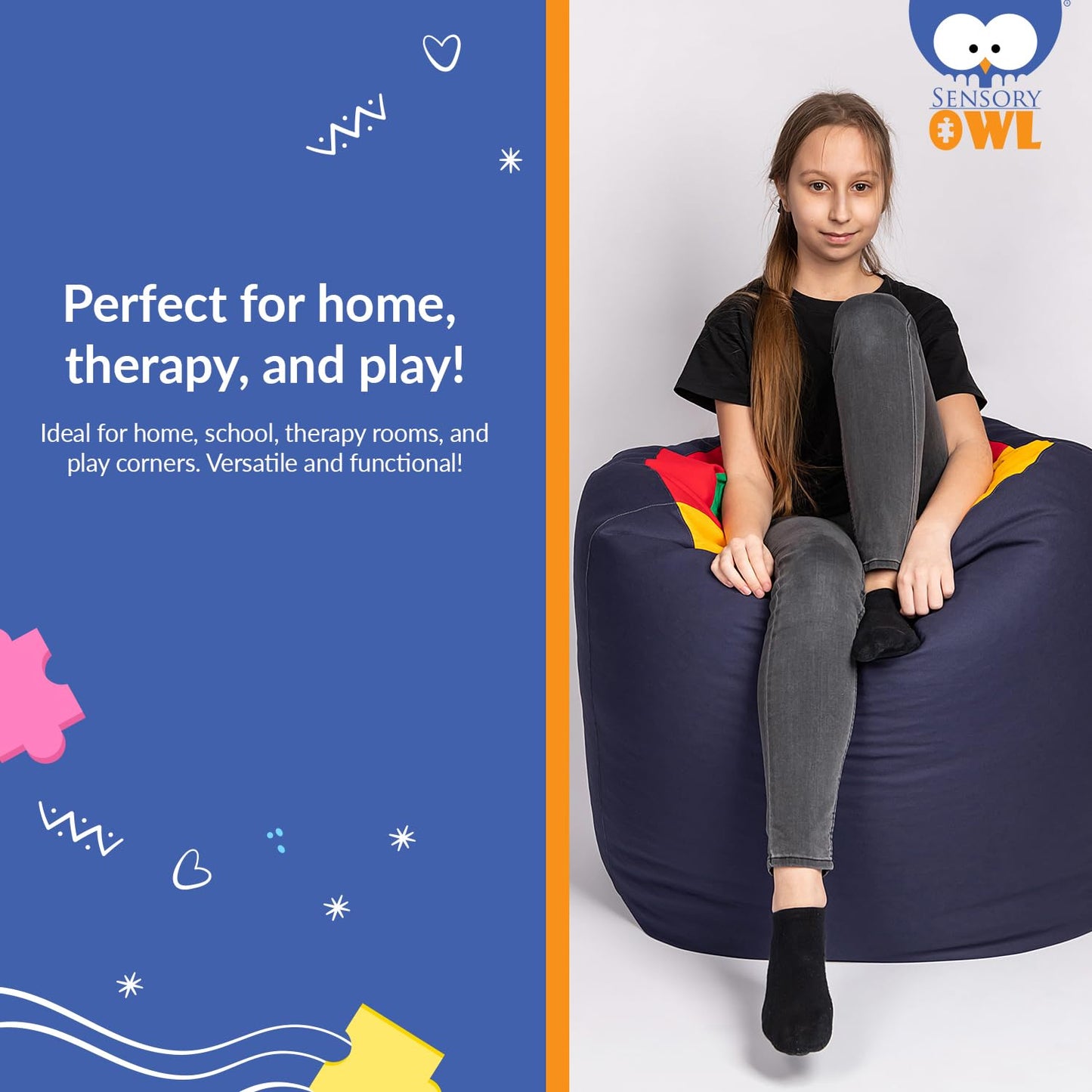 Sensory Owl Sensory Play Tunnel For Kids Pouffe 90 x 70 cm Large Bean Bag Stress Relief Spatial Awareness Autism Anxiety 100% Cotton