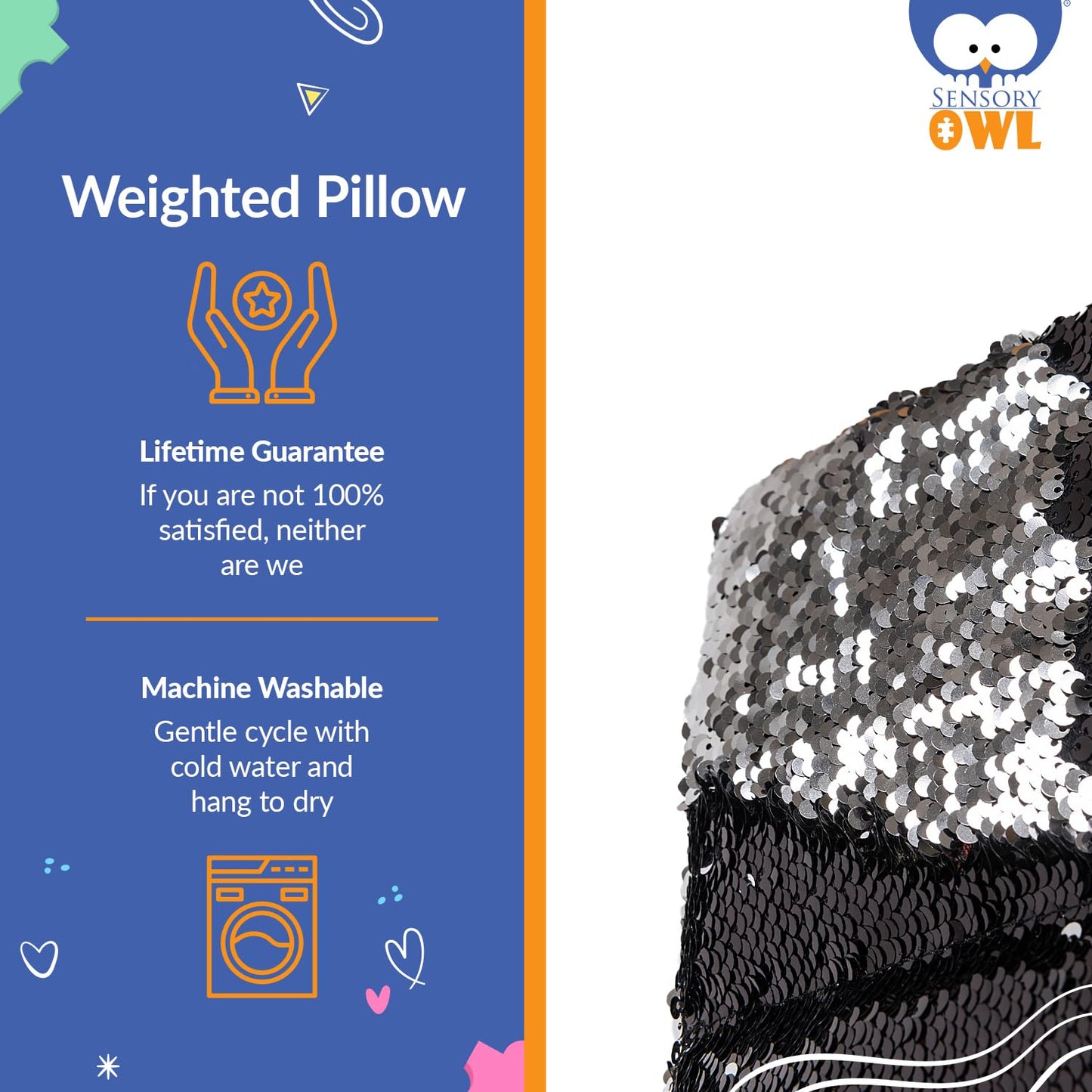 Sensory Owl Weighted Lap Pillow Two-Tone Sequin Pad To Relive Stress Anxiety Self-Calming Relaxing For Kids And Adults 30 x 40 cm 4 kg Black Silver