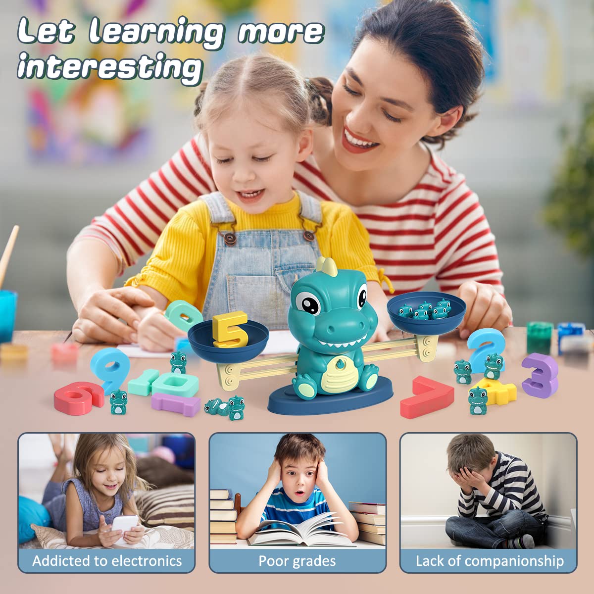 REMOKING Math Game for Kids,Balance Counting Dinosaur Toys for 3 4 5 6 7 8 Year old Boys&Gilrs,Abacus Toy&Spell Word Game with Flash Cards
