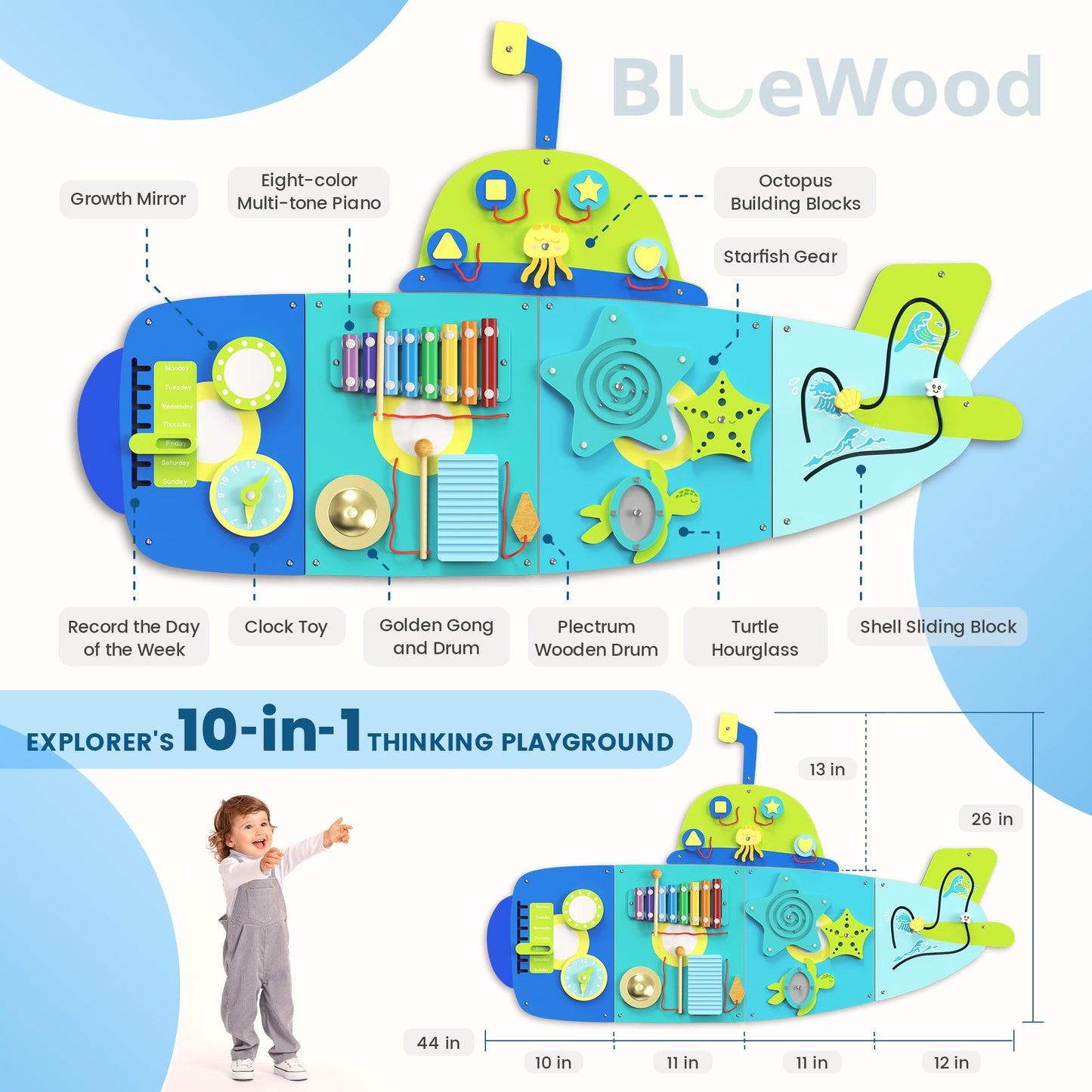 BlueWood Submarine Wall Busy Board Panels, Toddler Learning Activity Center, Montessori Philosophy