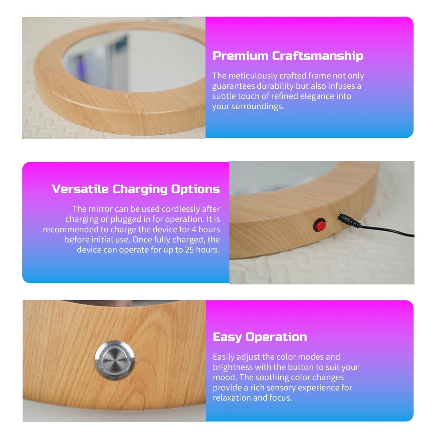 Tenmind Circle Infinity Mirror Sensory - Wall-Mountable & Floor-Standing - Ideal for Sensory Rooms & Kids Support - Features Multiple Light Changes & Smooth Wood Grain Finish