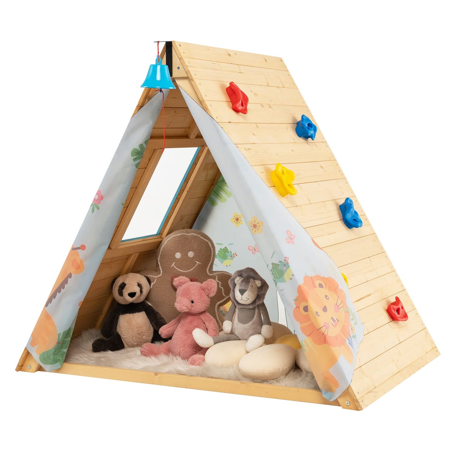 GYMAX Kids Wooden Playhouse, 2 in 1 Play Tent with Rock Climbing Wall, Ring Bell & Door