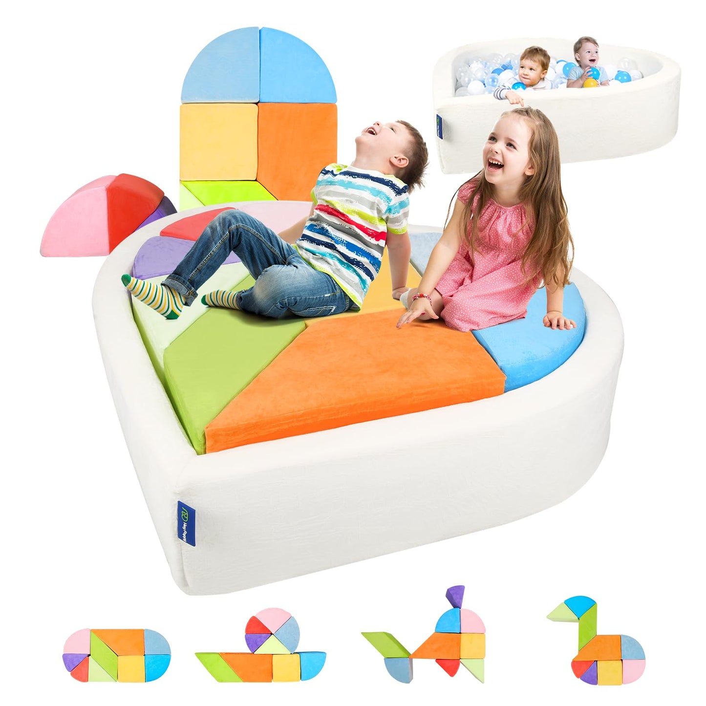 Kids Play Couch, 2-in-1 Heart-Shape Kids Plays Sofa with Unique Ball Pit(no Balls Included), Tangram Puzzle Play Couch for Playroom, Modular Play Sofa for Inspiring Creativity, Rainbow