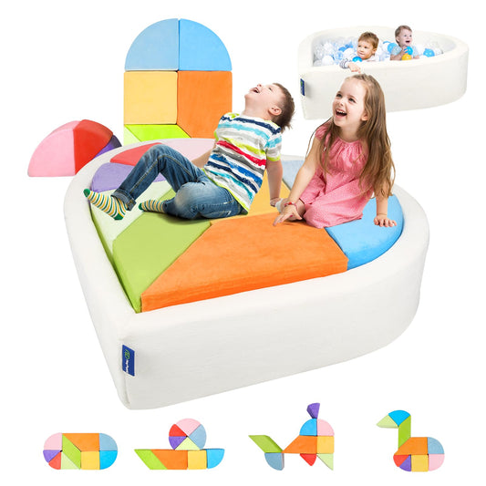 Kids Play Couch, 2-in-1 Heart-Shape Kids Plays Sofa with Unique Ball Pit(no Balls Included), Tangram Puzzle Play Couch for Playroom, Modular Play Sofa for Inspiring Creativity, Rainbow