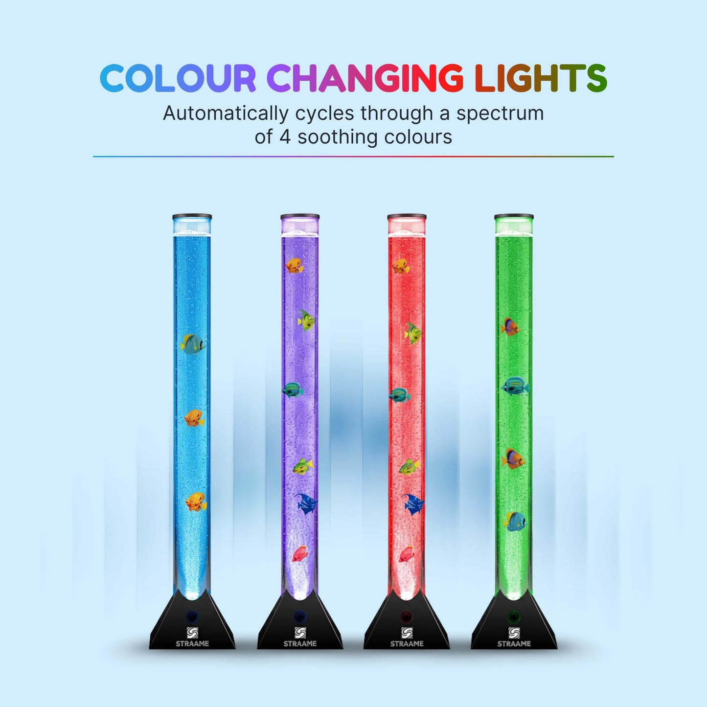Straame 90cm Bubble Fish Lamp, Colour Changing LED Light, Sensory Room Decor & Mood Lamp, Includes Artificial Tropical Fish, Adjustable Bubble Tube, Plug-in Power, Black Base