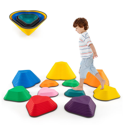 COSTWAY 11-Piece Kids Stepping Stones, Children Obstacle Course Stackable Balance Blocks with Full Non-Slip Edge, Heart-Shaped Balance Stones for Toddlers