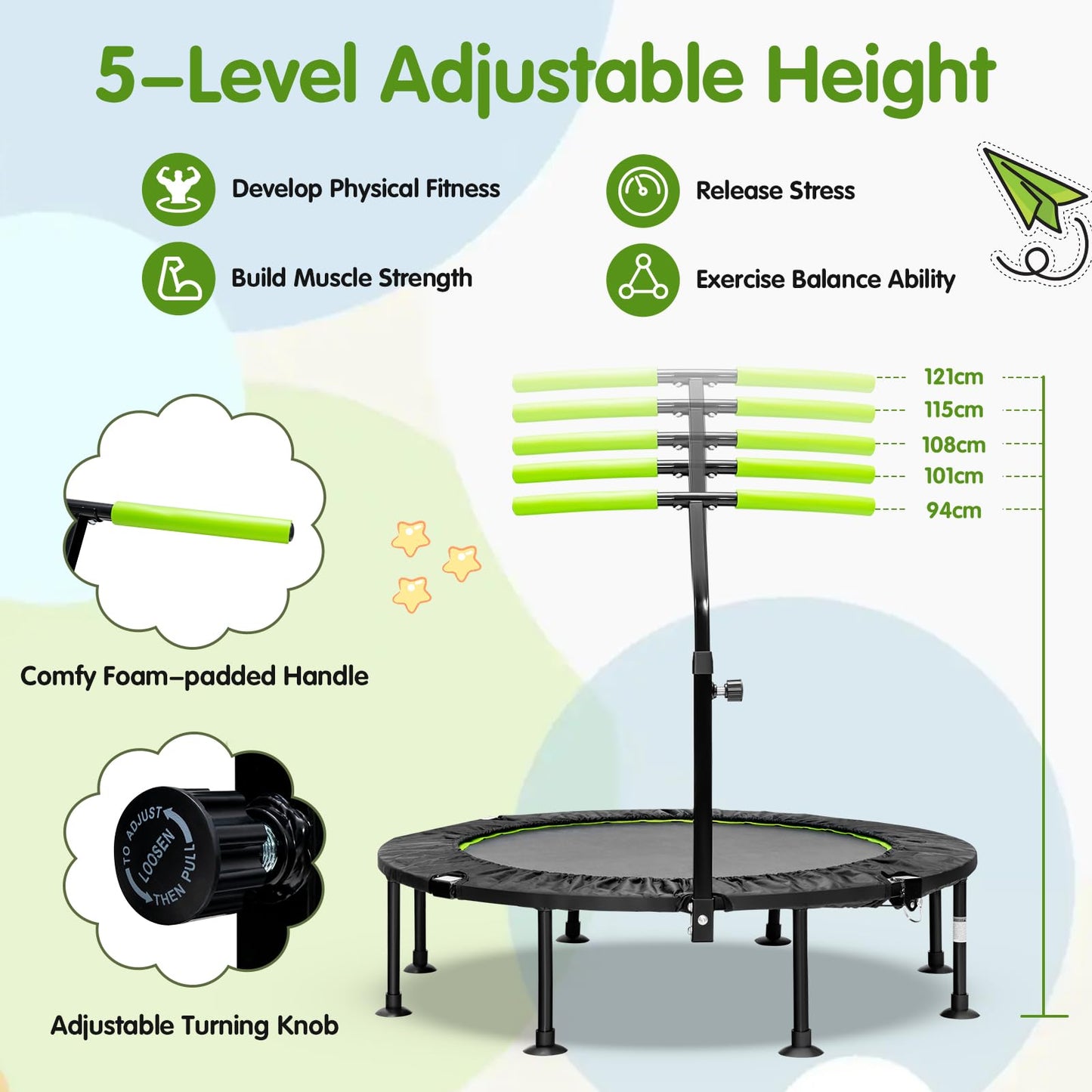 GYMAX 45'' Kids Trampoline, Foldable Fitness Rebounder with Adjustable T-Shaped Handrail and Anti-Slip Foot Pad