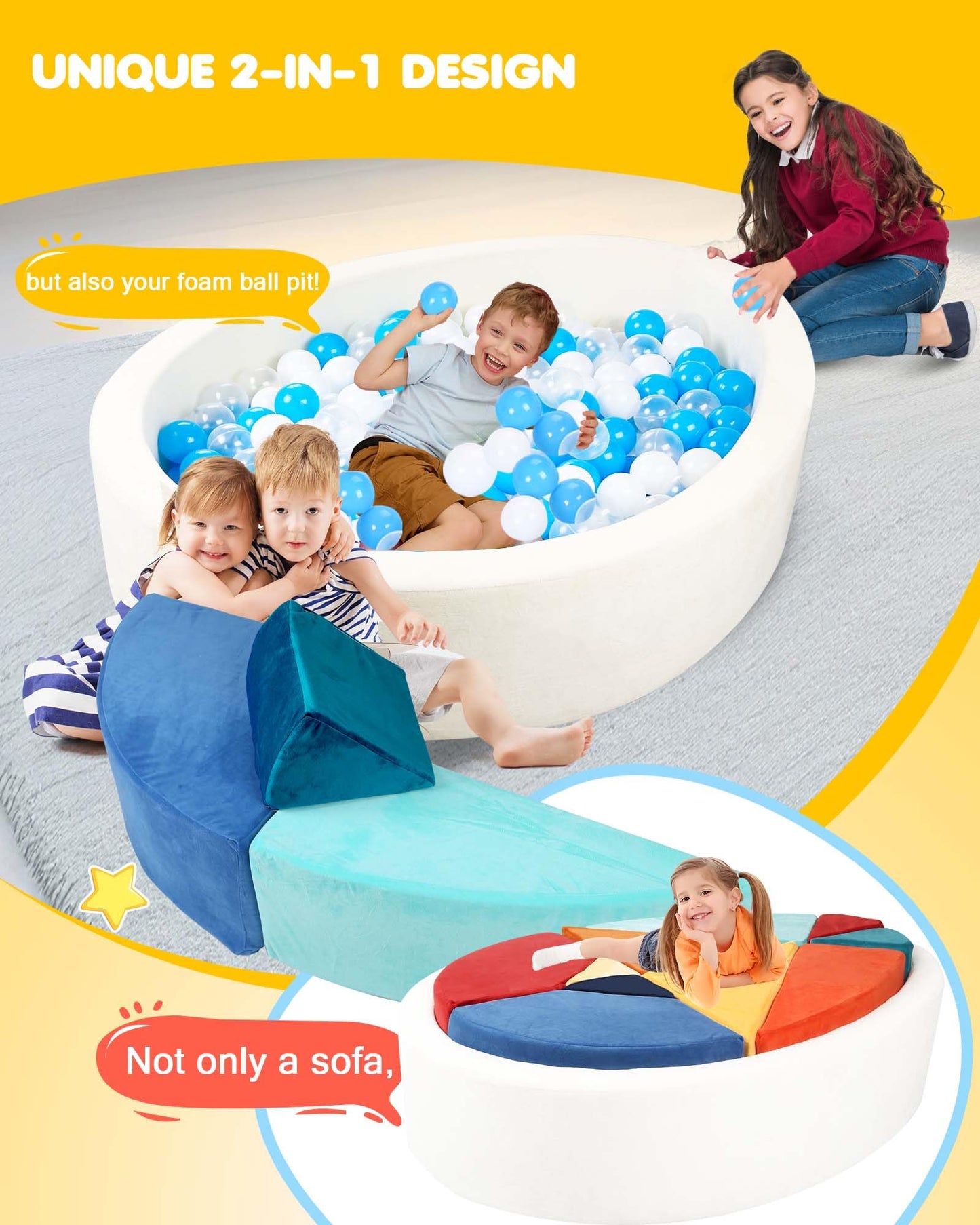Heypappy Kids Play Couch, 2-in-1 Egg-Shape Kid Play Sofa with Unique Ball Pit(no Balls Included), Tangram Puzzle Plays Couch for Playroom, Modular Play Couchs for Inspiring Creativity, Samba