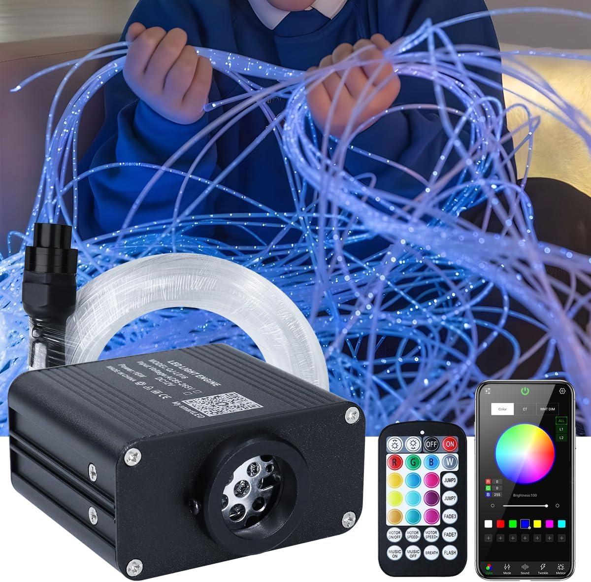 Callsky Sensory Lights 16W Fiber Optic Curtain Lights for Sensory Room/Autistic Kids,APP+Twinkle+Sound Activated Light Engine,Tough and Durable (3*0.75) Sparkle Flash Point Cables, 50pcs*6.5ft+Remote