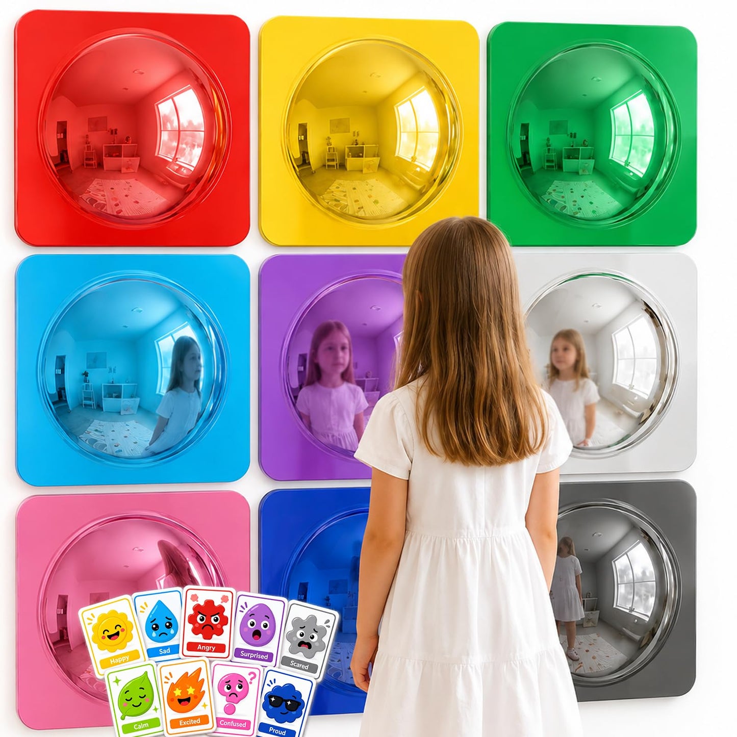 9 Pack Bubble Convex Mirror Panels with Mood Cards– Sensory Wall Toys for Autism, Visual Perception Training Acrylic Sensory Equipment, Calming Corner Items for Kids