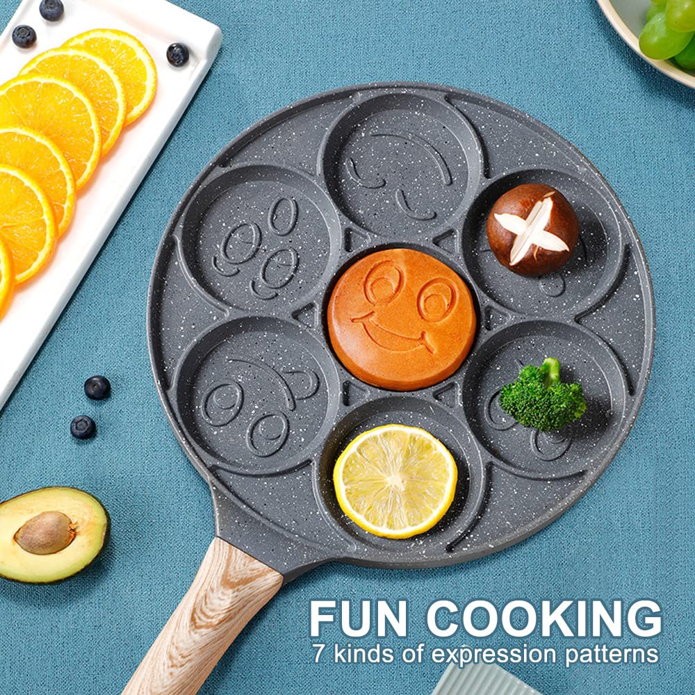 Bobikuke Pancake Pan Induction, Smiley Face Pancake Frying Pan Non Stick, 7 Holes Mini Pancake Maker for Kids 26cm - Black