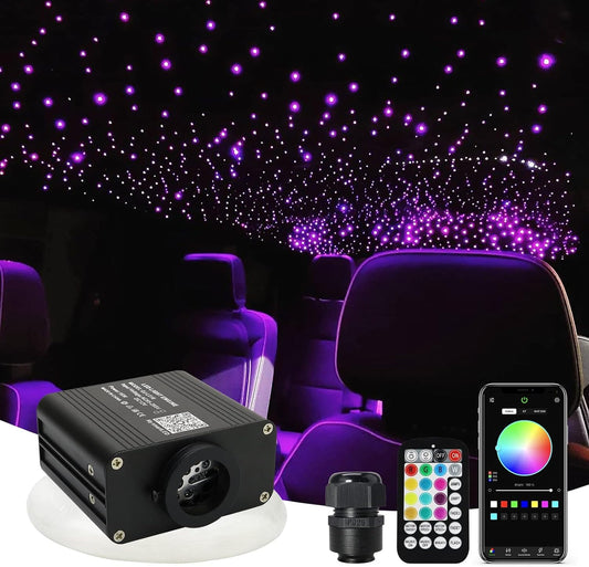 Callsky 16W Star Ceiling Light，Twinkle & Sound 300pcs*0.03in*9.8ft Fiber Optic Star Light Headlight Kits for Star Ceiling Sky Decoration, Music+APP+Remote Control Light Engine End Glow Fiber Strands