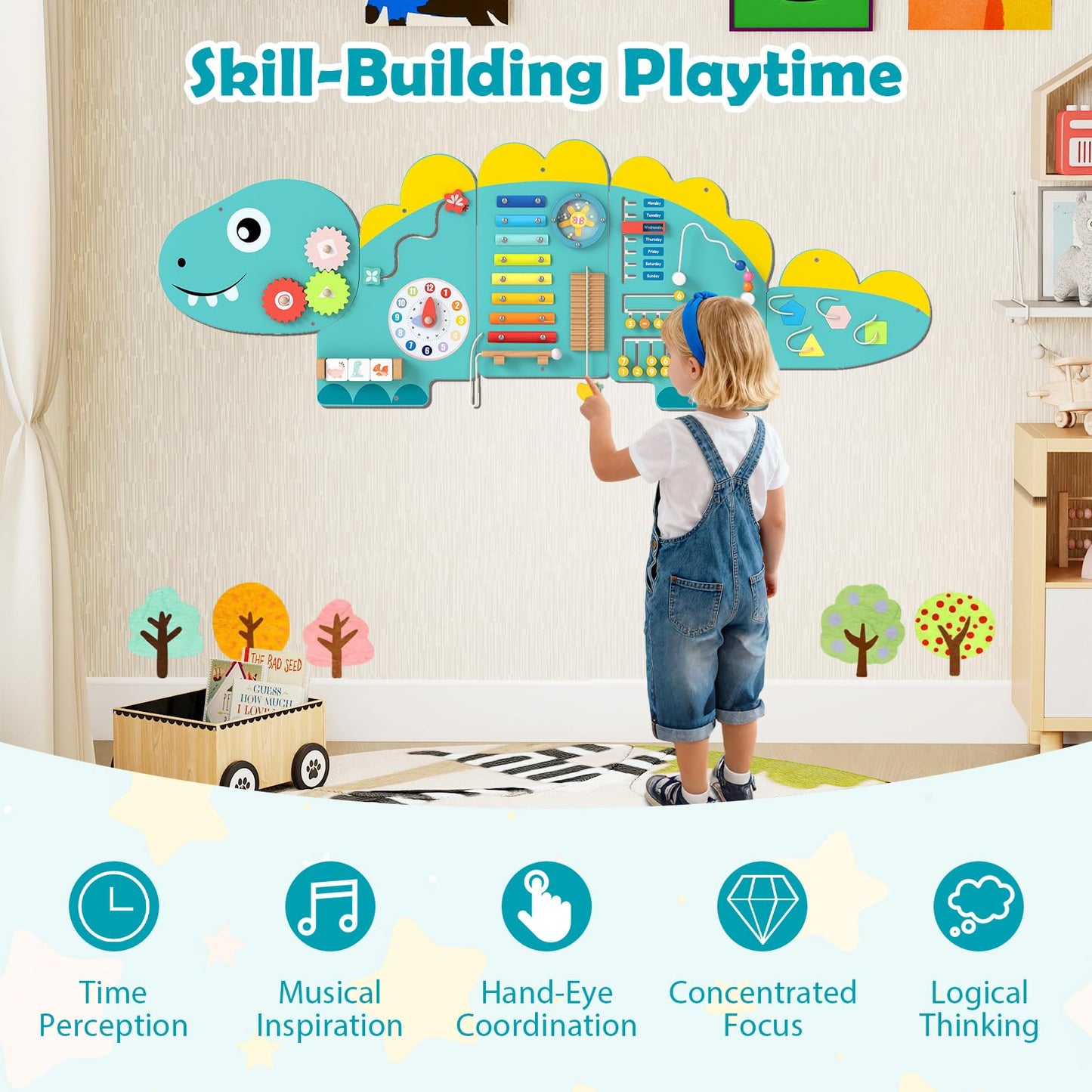COSTWAY Activity Wall Busy Board Panels, 11 in 1 Wooden Sensory Wall Toy, Toddler Learning Activity Center for Education & Early Development (Green Dinosaur)