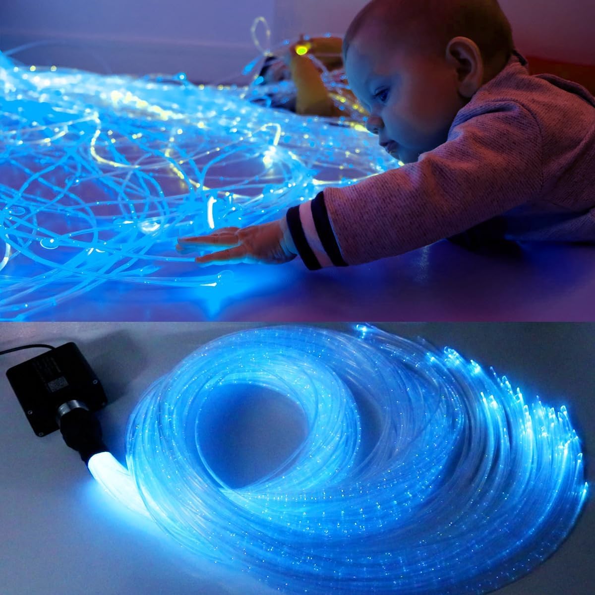 Callsky Sensory Lights 16W Fiber Optic Curtain Lights for Sensory Room/Autistic Kids,APP+Twinkle+Sound Activated Light Engine,Tough and Durable (3*0.75) Sparkle Flash Point Cables, 50pcs*6.5ft+Remote