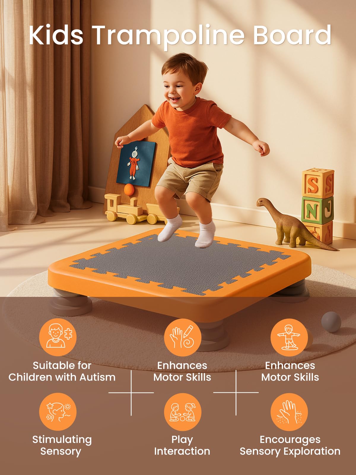 GROWNEER Mini Indoor Trampoline for Kids – Autism-Friendly Sensory Toy with PU Foam Padding – Safe & Durable Jump Board for Toddlers – 80KG Weight Capacity – Easy to Clean & Assemble (Orange)