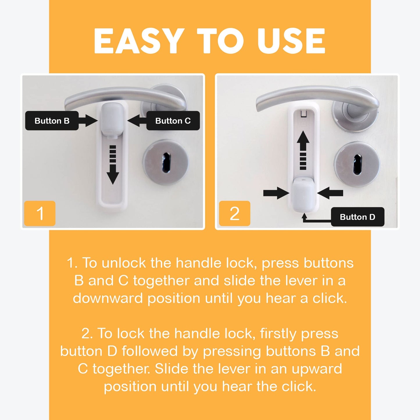 BeeGo Door Lever Locks (2 Pack) – Stick On Door Lock Without Drilling | Door Security with 3M VHB Adhesive for Home, Bedroom, Kitchen & Hotel Travel Safety