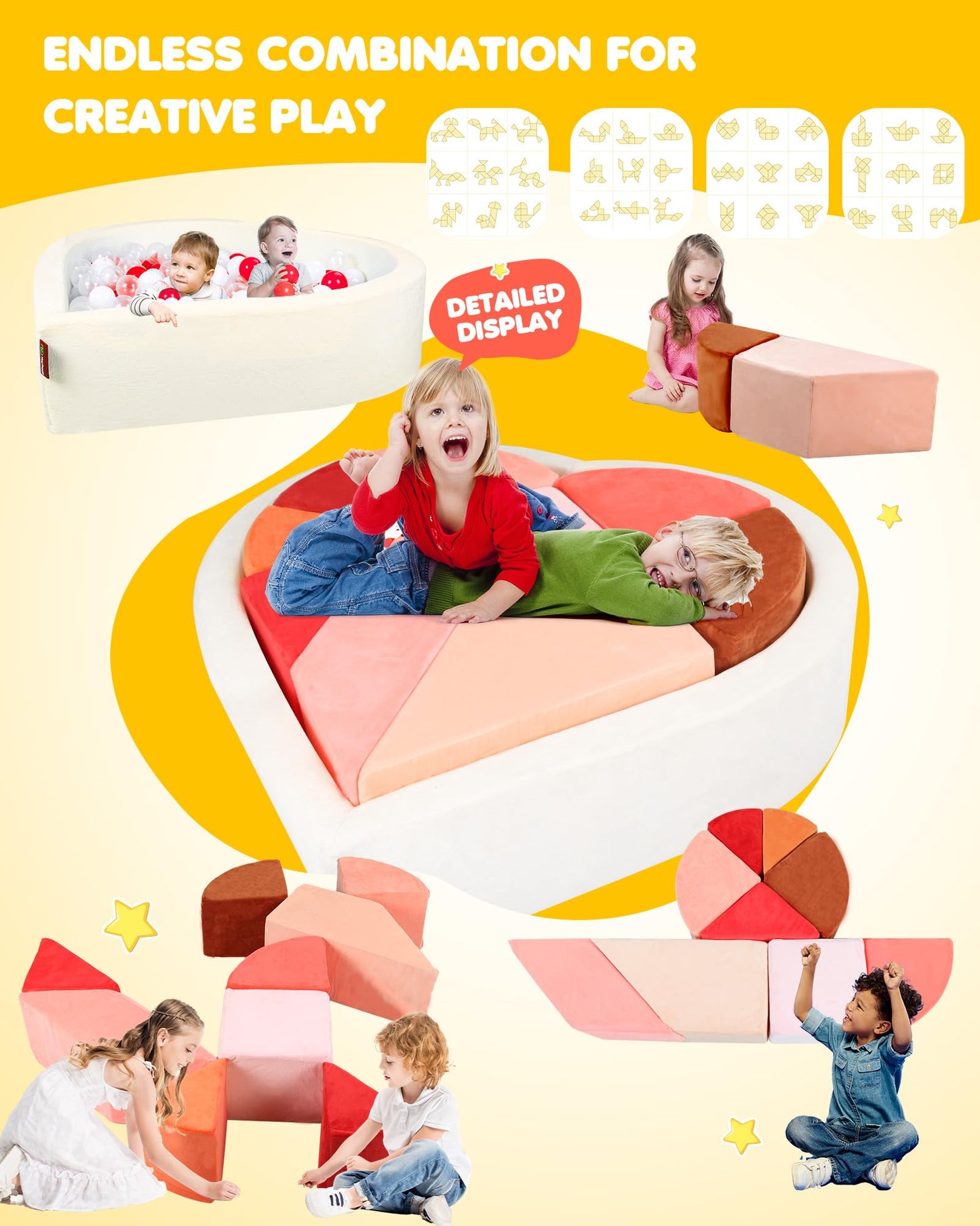 Kids Play Couch, 2-in-1 Heart-Shape Kids Plays Sofa with Unique Ball Pit(no Balls Included), Tangram Puzzle Play Couch for Playroom, Modular Play Sofa for Inspiring Creativity, Glow