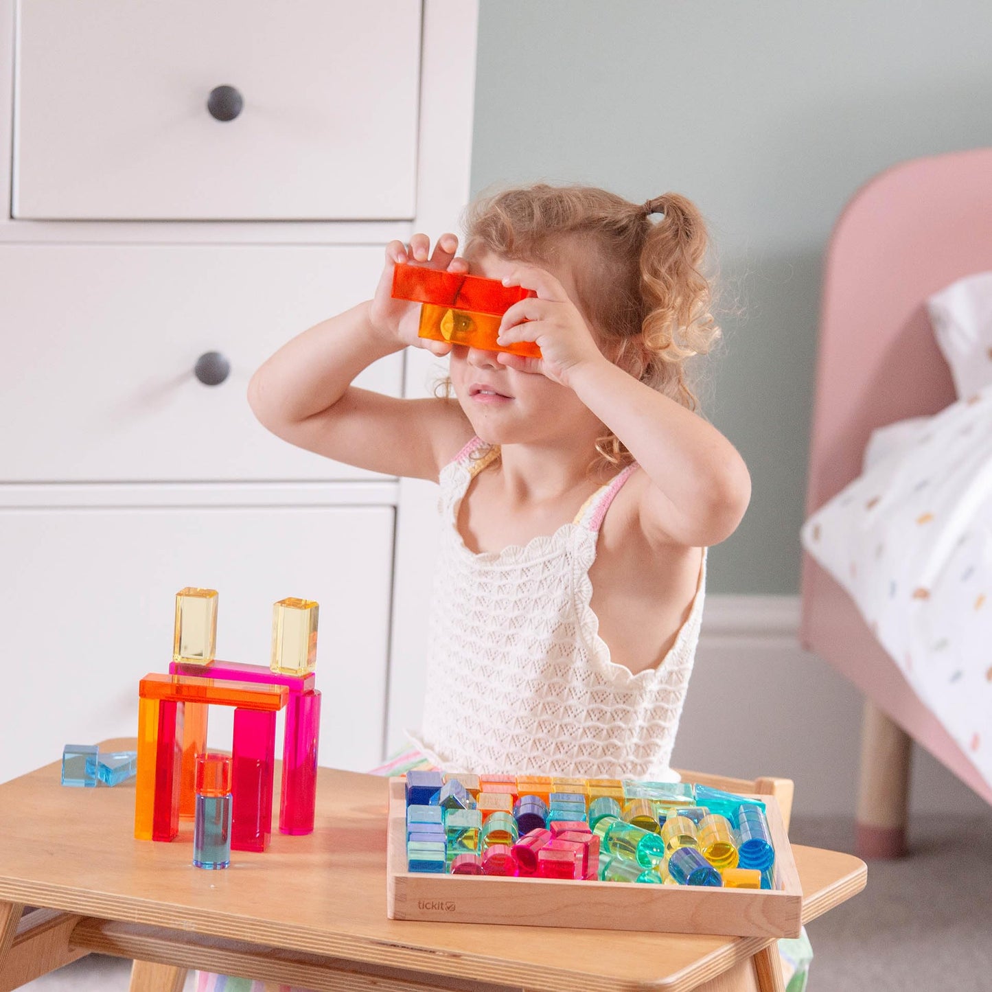tickit Wooden Building Blocks & Crystal Gem Cubes Construction Set with Storage Tray – Mixed Shape Blocks for Stacking, Balance, Architecture, Small World & Creative Play