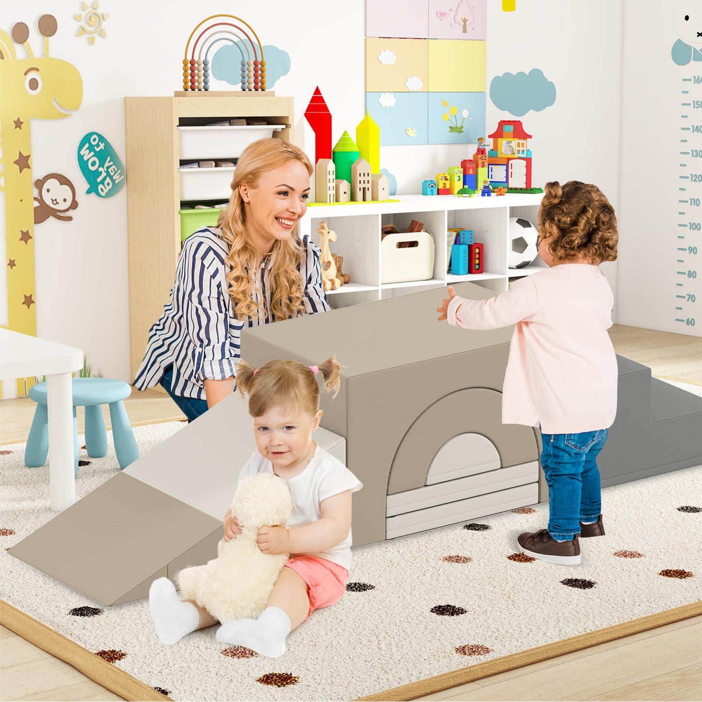 COSTWAY Kids Soft Play Set, 7-Piece Toddler Foam Climbing Blocks with Waterproof PU Leather, Indoor Baby Climb and Crawl Activity Playset for Sensory Motor Skills (Grey+Beige)